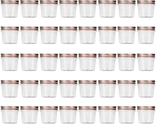 Novelinks 4 Ounce Clear Plastic Jars with Rose Gold Lids - Refillable Round Containers for Kitchen & Household Storage - BPA Free (40 Pack)