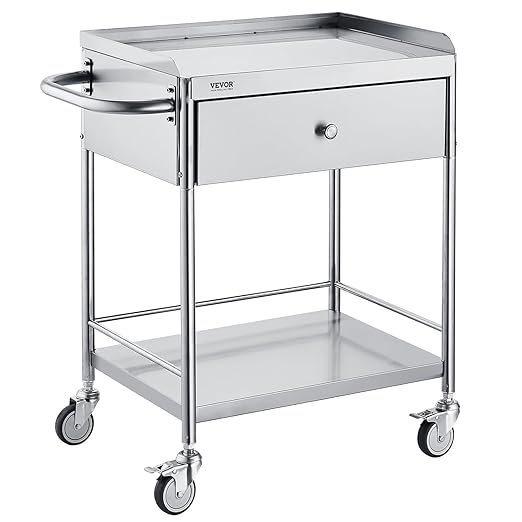 VEVOR Medical Cart, 2-Layer Stainless Steel Cart 220 lbs Weight Capacity, Lab Utility Cart with 360° Silent Wheels and a Drawer for Lab, Clinic, Kitchen, Salon, 141002