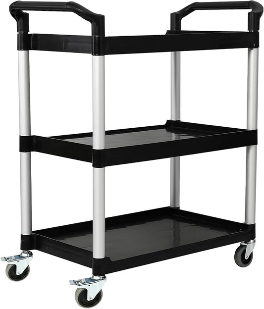 3-Tier Utility Rolling Cart with Wheels, Durable Catering carts with Wheels, Rolling Storage Cart for Hotel Canteen Resturant Office (Black, 34.4" D x 16.5" W x 37.7" H)