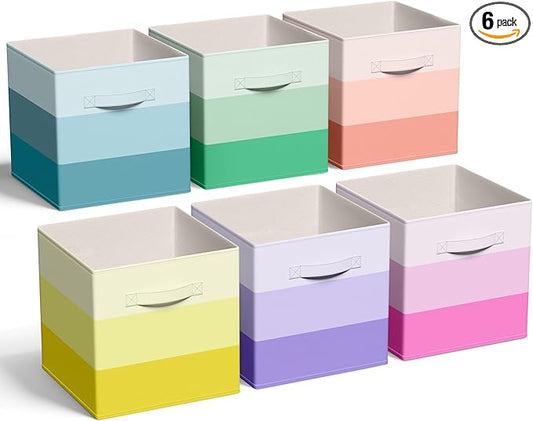 6 Pcs Fabric Storage Cubes Bins with Metal Handle 11 Inch Macaron Colored Striped Style Collapsible Bins Cube Storage Organizer for Clothes Books Kids Room Closet and Toys