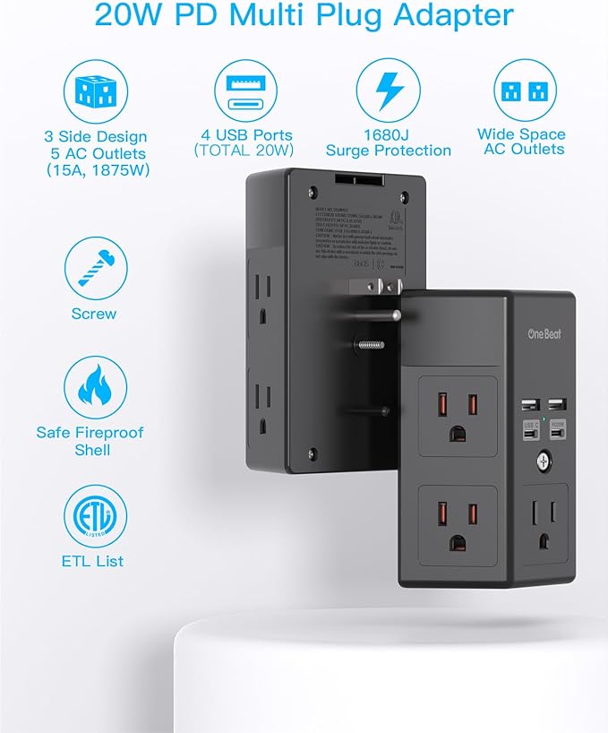 Surge Protector, 5 Outlets Extender with 4 USB Ports(USB C PD20W), 3-Side 1680J Power Strip Multi Plug Outlet Expander, USB Wall Charger, Outlet Splitter Adapter Wall Mount for Home Office(Black)