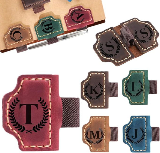 Custom Bookmark with Pen Holder with 26 Letters Personalized Magnetic Leather Book Mark, Customized Name Book Marker Clip with Initial for Men Women, Gifts for Book Lovers, Readers, (Red, T)