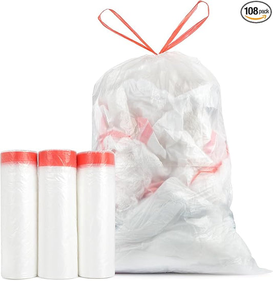 Heavy Duty 15 Gallon Drawstring Trash Bags, 108 Count Ultra Thick Strong Plastic Garbage Bags, Clear Unscented Trash Can Liners for Tall Kitchen Office Lawn Yard