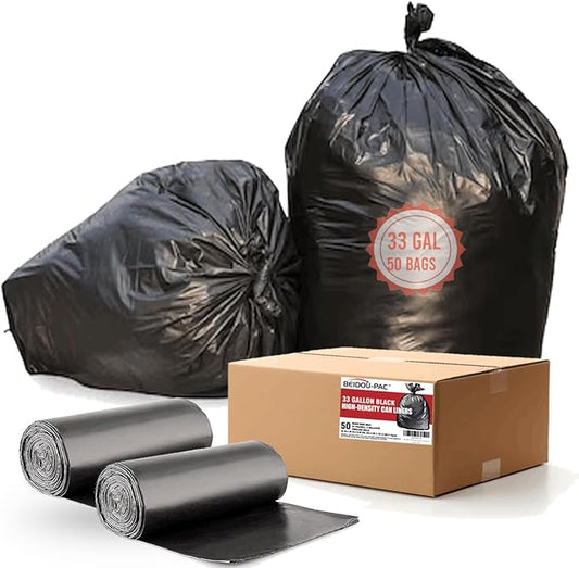 33 Gallon Trash Bags, 50 Count, Black Garbage bags, Multi-purpose Trash Can Bin Liners for Home Commercial, Outdoor, Construction, Industrial, Janitorial, Municipal, Lawn, Leaf