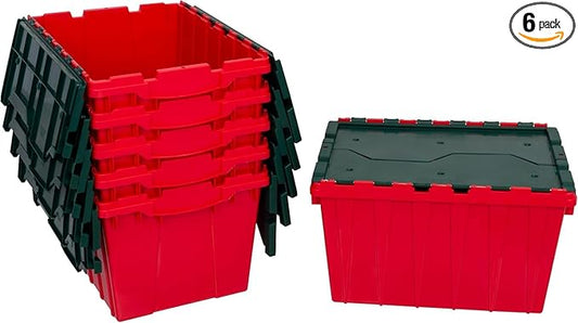 Akro-Mils KeepBox 12 Gallon Storage Container, Nesting and Stackable Plastic Storage Box with Lid Attached, Clear Tote for Garages, Closets, and Moving, 21-1/2" x 15" x 12-1/2", Red/Green, 6-Pack