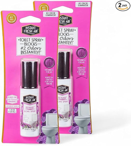 2-Pack: Superior Toilet Spray with Instant Odor Elimination, Lavender Vanilla Fragrance, Odor Eliminator Bathroom Spray, Travel Size, Long-Lasting, Eco-Friendly, 1.35 Oz. - INSTANT FRESH AIR