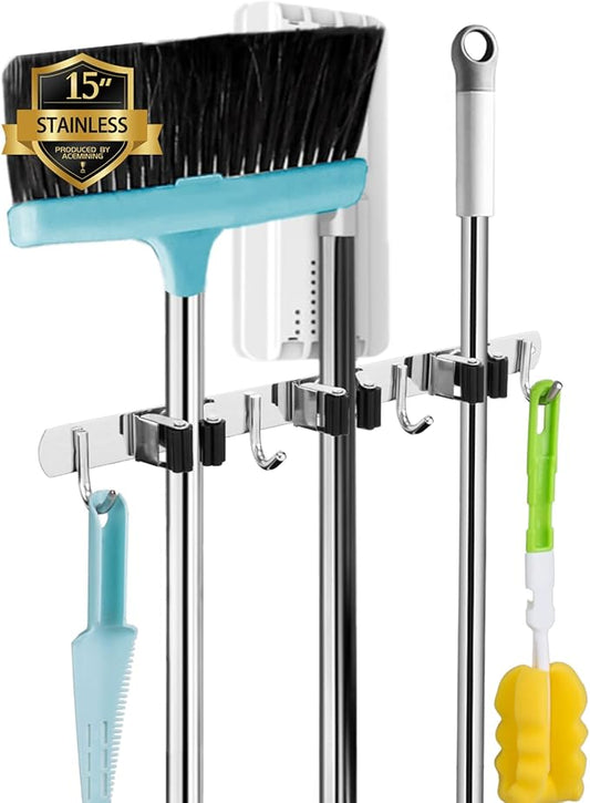 3 Racks and 4 Hooks Broom and Mop Holder Wall Mounted Garage Organizer Storage Tool Racks Stainless Steel Heavy Duty Hooks Self Adhesive Solid Non-slip Wall Hangers for Home Kitchen Garden Laundry