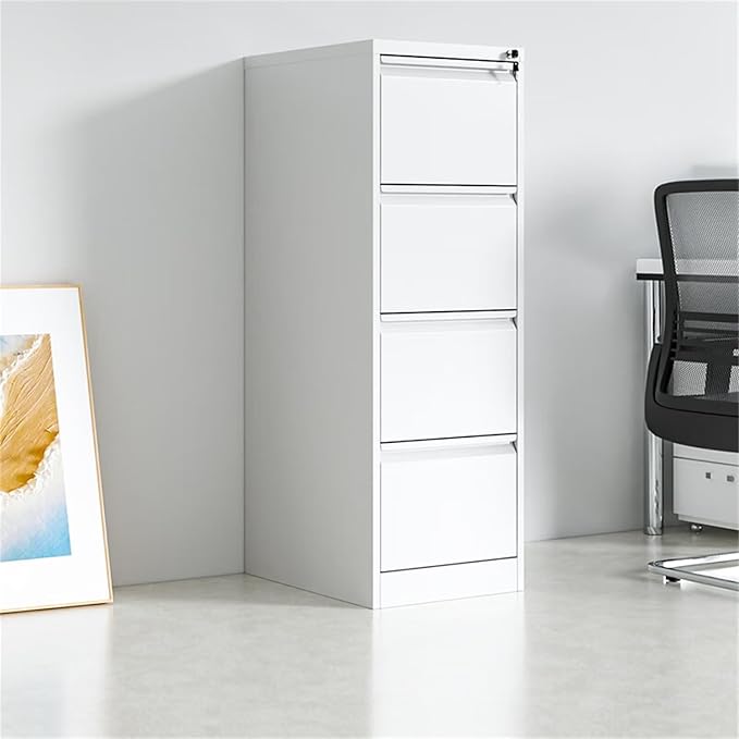 4 Drawer File Cabinet with Lock, Vertical File Cabinets for Home Office, Metal Filing Cabinets, Heavy Duty Steel Lockable Filing Storage Cabinet for Letter/Legal/A4/F4 Size Files, White