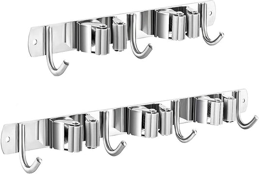 2 Pcs Mop Broom Holder Wall Mounted, Dustpan Holders, Stainless Steel Mop Hangers Organizer, Broom Rack, Utility Hook for Hanging Brooms and Mops(3 Racks 4 Hooks and 2 Racks 3 Hooks)