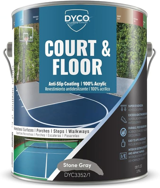 DYCO Court & Floor Anti-Slip Coating - Slip-Resistant Pavement, Cement & Concrete Paint for Pickleball, Tennis & Basketball Courts, Exceeds ADA Standards for Safety Areas (Stone Gray, 1 Gallon)