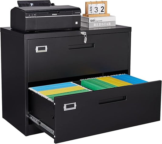 SISESOL 2 Drawer Lateral File Cabinet with Lock,Black Lateral Filing Cabinet,Horizontal Metal Filing Cabinet,Locked Wide Two Drawer File Cabinet for Office Home,Fit A4/F4/Letter/Legal File