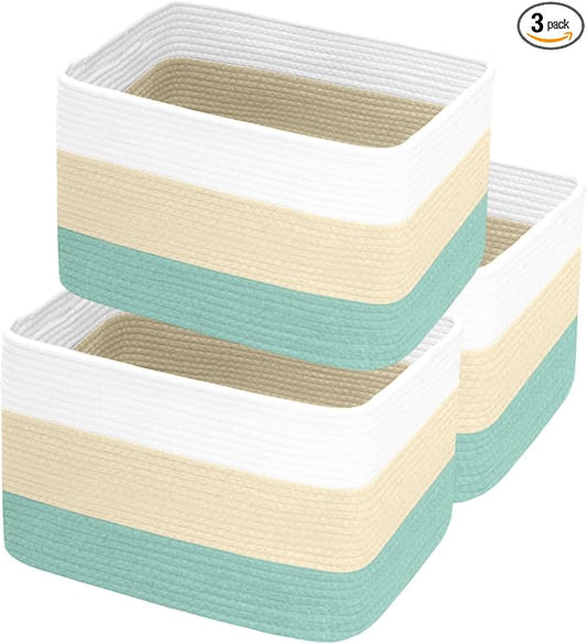 Hopegiver Woven Storage Baskets 15x11x10 Inch, 3 Pack Collapsible Cube Storage Bin for Shelves - Foldable Cotton Rope Organizer Bins for Towels, Toys, Books, Closet, Nursery (White Cream Green)