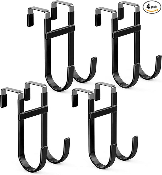 FYY Over The Door Hooks - 4 Pack Heavy Duty Dual-Hook Organizer Hanger with Non-Slip Rubber for Towels, Clothes, Hats & Bags Use in Bathroom, Bedroom, Kitchen - Fits Interior Doors Up to 1 3/8" Black