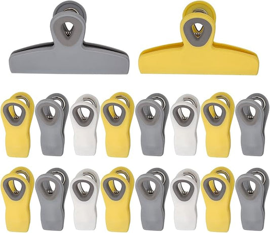 COOK WITH COLOR Bag Clips - Heavy Duty Chip Clip & Refrigerator Magnet for Food Storage with Air Tight Seal Grip, Yellow & Grey, 2 Large & 16 Small
