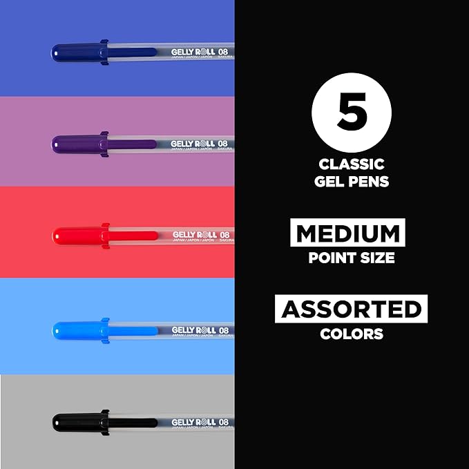 SAKURA Gelly Roll Gel Pens - Medium Point Ink Pen for Journaling, Art, or Drawing - Assorted Colored Ink - 5 Pack