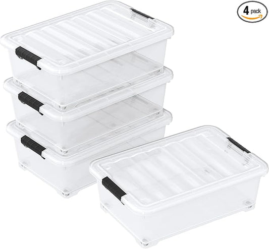 20 Quart Clear Plastic Under Bed Storage Bin, 4-Pack Plastic Storage Box with Wheels Under the Bed