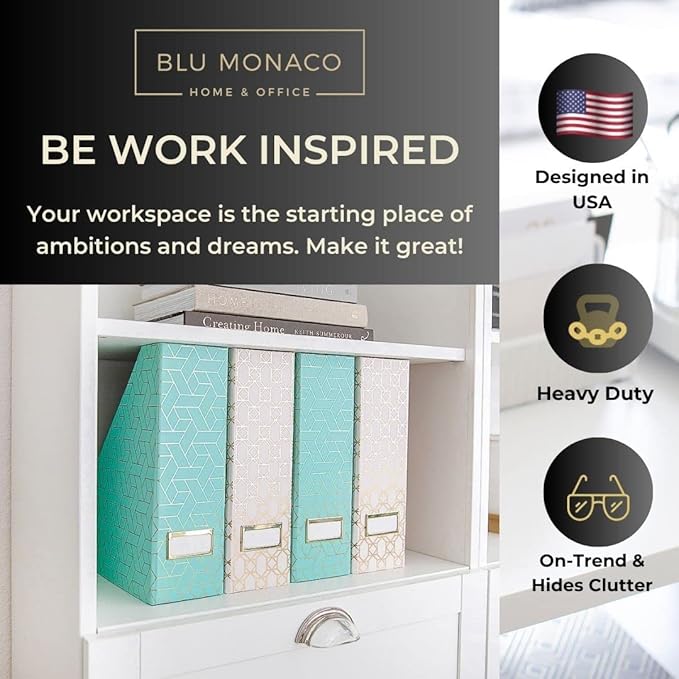 BLU MONACO Set of 4 Foldable Cute Magazine File Holders with Gold Label Holders – 2 Pink & 2 Aqua with Fun Gold Geometric Patterns – Stylish & Durable Magazine Storage for Home & Office