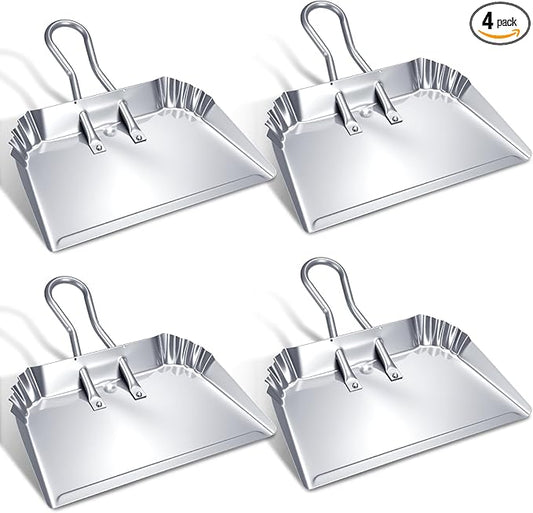 Mumufy 4 Pcs 16 Inch Heavy Duty Metal Dustpan Large Wide Dust Pans for Household Handheld Wide Scooper and Debris Cleaning Tool Ideal for Home and Commercial Use (Sliver)