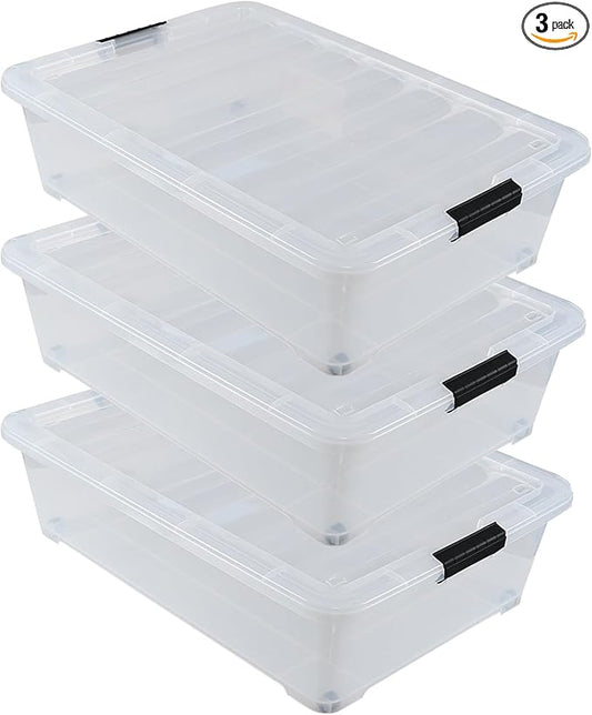 50 Quart Clear Plastic Under Bed Storage Bin with Lid, Underbed Storage Container with Wheels, 3-Pack