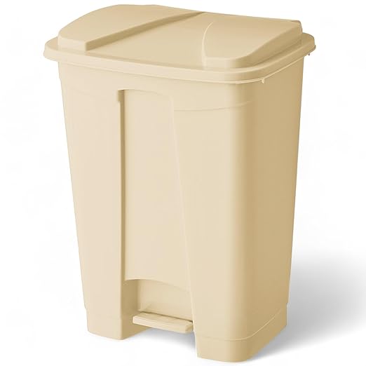 PRO&Family Step-On Trash Can with Lid, Plastic Waste Bin, Foot Pedal Operation (Biege, 4 Gallon)