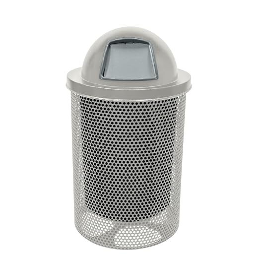 COATEDOUTDOORFURNITURE RDT-P-Gry Heavy Duty Round Trash Receptacle with Dome Top, Liner Included, 32 Gallon, Gray, Made in America