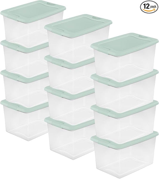 Sterilite 12 Pack Latching Box, Clear Plastic Stackable Storage Bin with Lid, 64 Quart, Mindful Mint