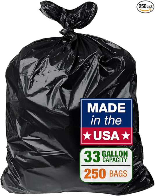 32-33 Gallon Black Trash Bags, Heavy-Duty | 32” x 38” | 250 Count Bulk Pack | Large, Durable & Tear-Resistant Garbage Bags for Home, Commercial, Construction & Outdoor Use