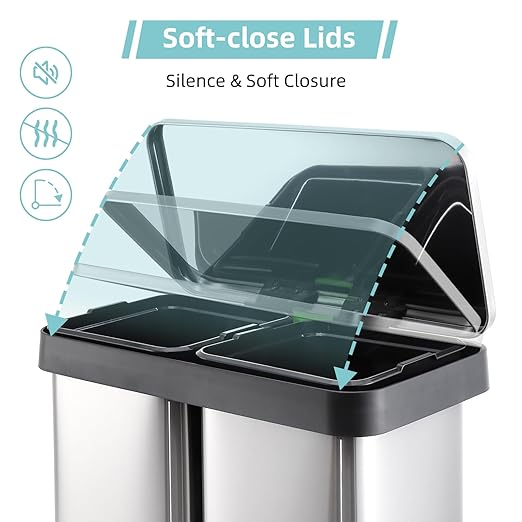 19 Gallon Dual Trash Can, 2 x 36 L Stainless Steel Two Compartment Garbage Can with Soft-Close Lid and Foot Pedal for Kitchen Home Office, Without Removable Inner Bucket