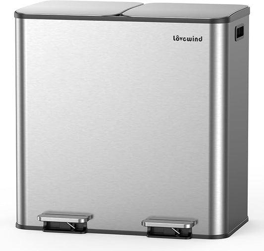 Lovewind Trash Can, 2 x 10.5 Gallon (2 x 40 L) Garbage Can for Kitchen Dual Compartment Recycling Kitchen Step Trash Bin, Stainless Steel Trash and Recycle Bin Combo with Soft-Close Lid, Silver
