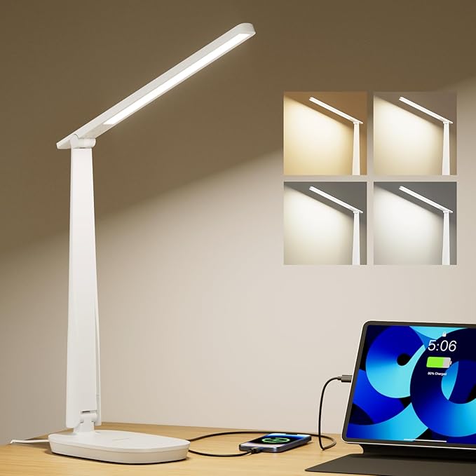 HONEYWELL Desk Lamp for Home Office, Dimmable LED Desk Light with USB A+C Dual Charging, 4 Modes Brightness Touch Lamp with Timer, Eye Caring Foldable Reading Light, Table Lamp for Study Nightstand