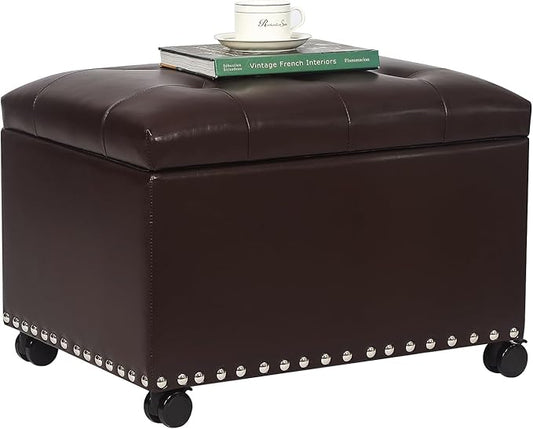 Joveco Leather Storage Ottoman with 360° Caster Wheels 24" Foot Rest Bench Rectangle Ottomans Stool for Living Room Bedroom (Brown, Wheels)