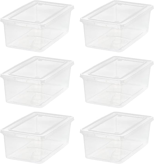 IRIS USA 6-Pack Storage Bins with Lids, 6 Quart, Shoe Boxes Clear Stackable Containers Organize Shoes Closet Shelves, Classroom Organization Teacher Tools, Game Storage - BPA-Free Plastic