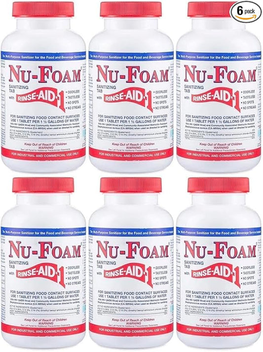 Nu-Foam Sanitizing Tablets for Bar Glassware – Superior Rinse Aid - Hand Washing Bar, Tavern, Brewery Supplies - Spotless Serving Glasses - 6 Jars 600 Tablets/ 3600 Quarts (6 Pack 600 Tablets)