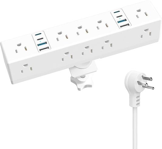 40W Fast Charging Station, VILONG Desk Clamp Power Strip, Desktop Mount Surge Protector, 8 USB Ports(4 USB-C), 10 AC Outlets and 10Ft Cord, for Home, Office, Fit 1.6" Tabletop Edge