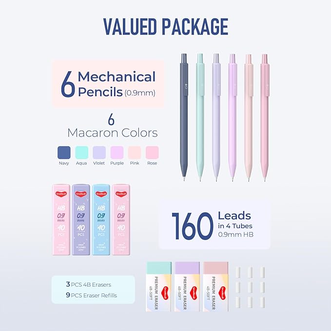 6PCS 0.9mm Mechanical Pencils Set with Case, Cute Pastel Mechanical Pencil with 160PCS HB Lead Refills, 3 Erasers, Aesthetic Back to School Supplies for Student Writing Drawing Sketching