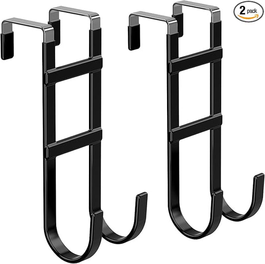 FYY Over The Door Hooks - 2 Pack Heavy Duty Dual-Hook Organizer Hanger with Non-Slip Rubber for Towels, Clothes, Hats & Bags Use in Bathroom, Bedroom, Kitchen - Fits Interior Doors Up to 1.6" Black