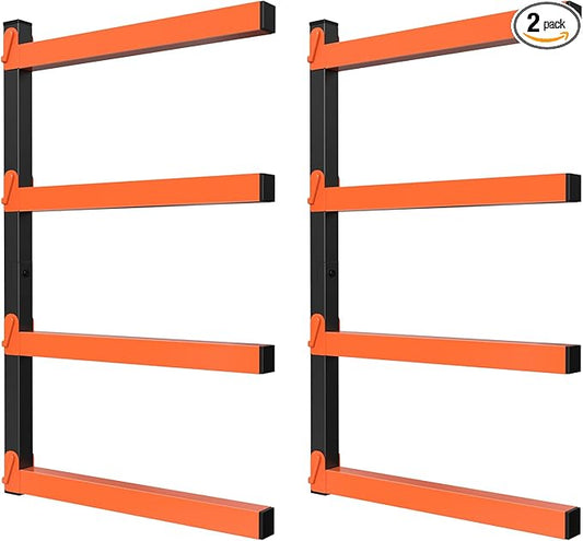 NANANARDOSO Wall Mount Wood Organizer and Lumber Storage,Heavy Duty Metal Shelf with 4-Level,Lumber Metal Racks for Indoor and Outdoor Use,2 Pack
