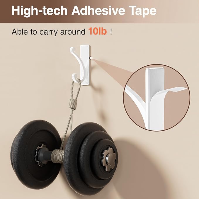 Adhesive Wall Hook for Towel/Coat - Extra Sticky 10LB Stainless, Stick on Hanger for Bath or Shower, Matt White 4-Pack