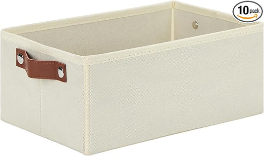 DULLEMELO Fabric Storage Bin with PU Handles, Decorative Basket and Organizer, Collapsible Bin for Toy and Clothes Storage (Light Beige, 11.8L*7.9W*5.1H)