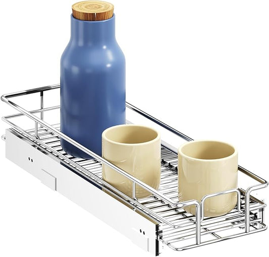 ROOMTEC Pull Out Cabinet Organizer, Single Tier, Black, Kitchen, 9" W x 21" D x 3.5" H, Heavy Duty Slide Out Shelves