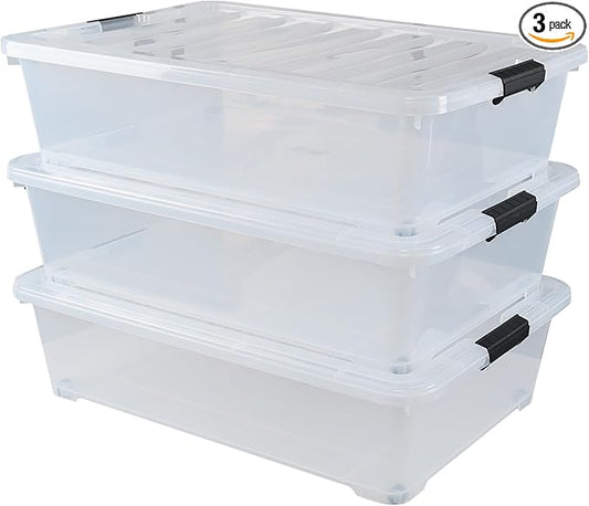 50 Quart Wheeled Latching Storage Box, Stackable Bin with Latch Lid, Plastic Container to Organize Shoes Underbed (3 Pack)