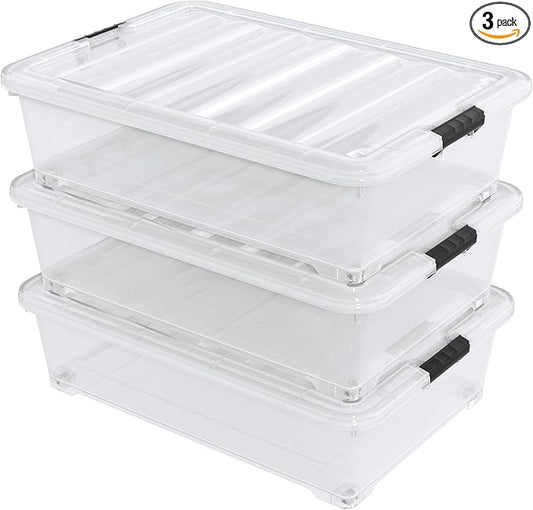 50 Quart Large Clear Plastic Under Bed Storage Bins with Wheels, 3-Pack Stackable Storage Bin with Latching Lid