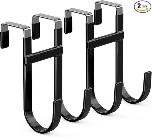 FYY Over The Door Hooks - 2 Pack Heavy Duty Dual-Hook Organizer Hanger with Non-Slip Rubber for Towels, Clothes, Hats & Bags Use in Bathroom, Bedroom, Kitchen - Fits Interior Doors Up to 1 3/8" Black