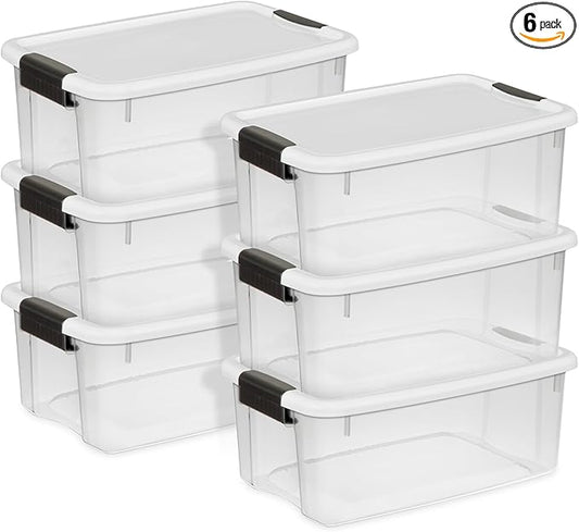 Sterilite 6-Pack Ultra Latching Box, Storage Bins with Lids, Clear Plastic, 18 Quart - Heavy-Duty Organizing Containers for Closet, Bathroom, and Office