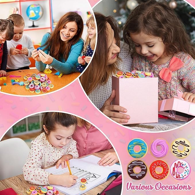 Donut Erasers, 100 Pieces 3D Cute Food Mini Erasers, 3D Donut Erasers Bulk, Novelty Pencil Erasers for Candy Party Favor Gift Filling and Art Supplies