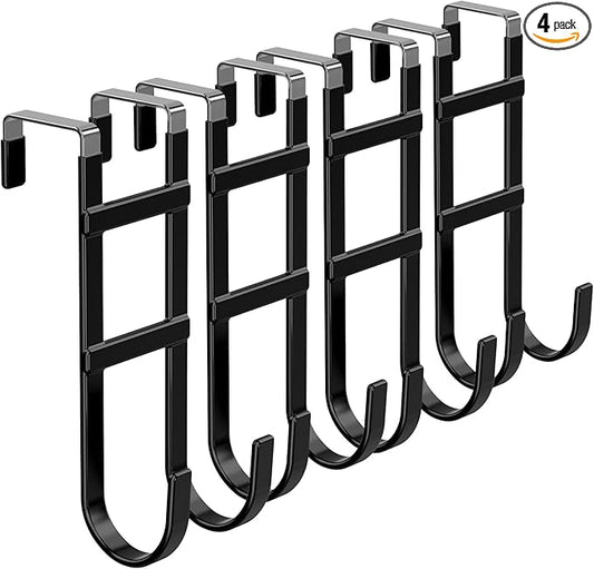 FYY Over The Door Hooks - 4 Pack Heavy Duty Dual-Hook Organizer Hanger with Non-Slip Rubber for Towels, Clothes, Hats & Bags Use in Bathroom, Bedroom, Kitchen - Fits Interior Doors Up to 1.6" Black