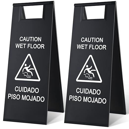 Kigley 2 Pcs Wet Floor Sign, 24 Inch Stainless Steel Caution Wet Floor Sign Double Sided Portable Foldable Bilingual Safety Warning for Hotel Market Restroom Restaurant Office (Black)