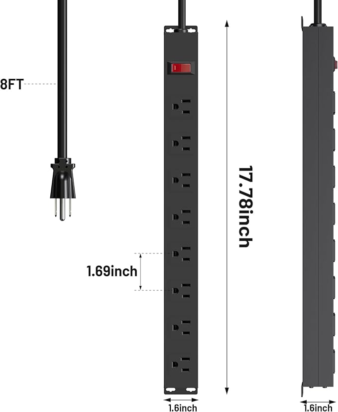 8 Outlets Heavy Duty Power Strip with 8 Ft UL 14AWG Power Cord Straight Plug and Switch,Wide Spaced Shop Power Strip Metal for Commercial,Industrial,School and Home,15A 125V 1875W,Black(8FT)