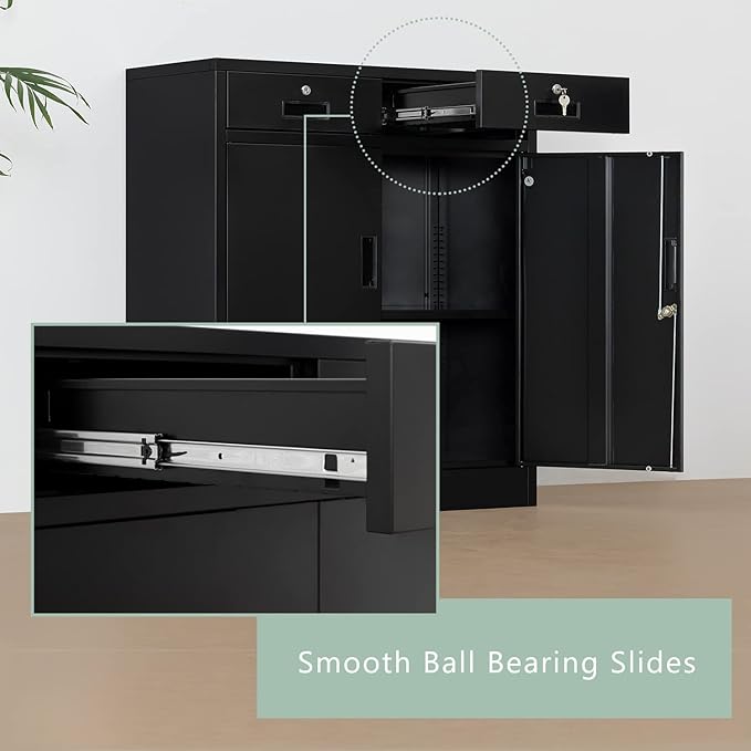 Metal Storage Cabinet with Locking Doors and 2 Drawers, 36” Garage Cabinet for Classroom, Home and Office - Black