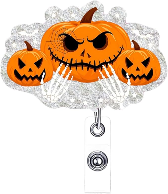Halloween Pumpkin Badge Reel Cute Glitter Badge Holder Badge Clip Nurse Badge Reel Halloween Handbone Retractable Name Badge Name Tag Holder Nursing Student Social Worker Gift for Coworker